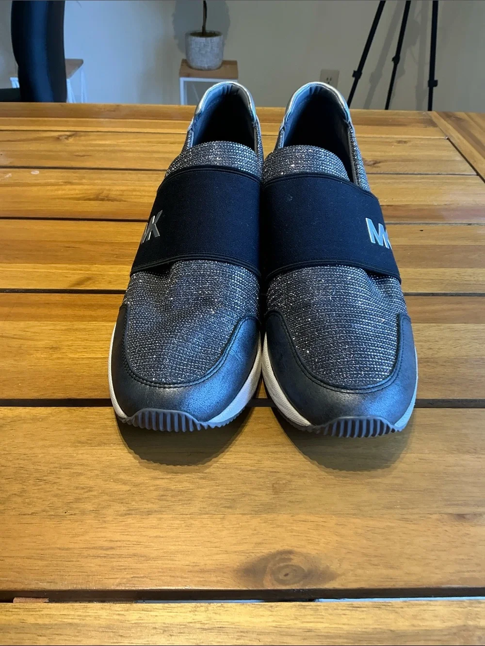 Michael Kors Metallic Silver Glitter Slip-On Sneakers with Black Elastic Strap